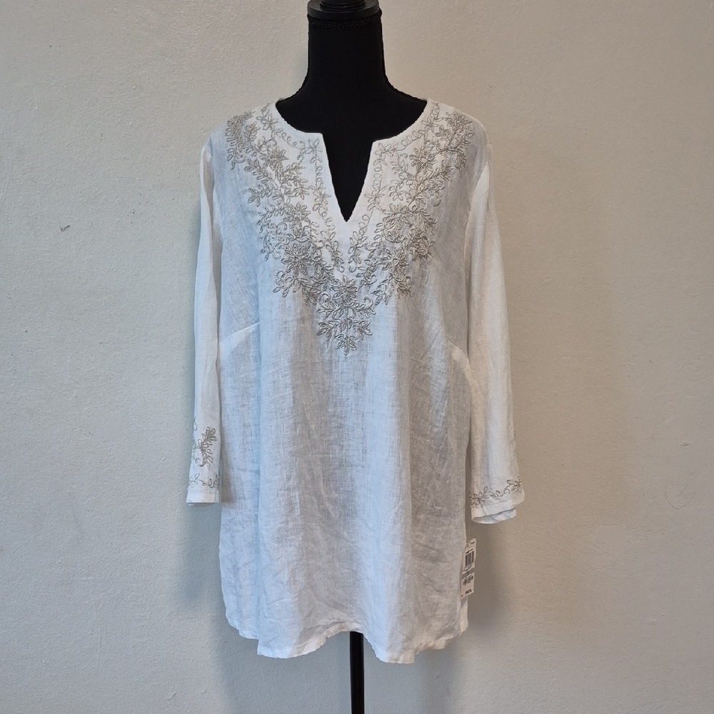 NWT Charter Club Linen Embroidered Top Women White 3/4 Sleeve Blouse 1X - Picture 4 of 15